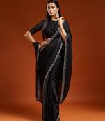 Black embellished sequinned satin heavy work saree with blouse 