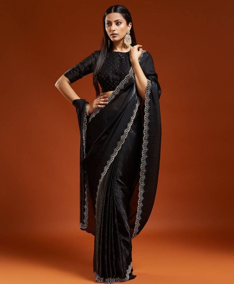 Black embellished sequinned satin heavy work saree with blouse 