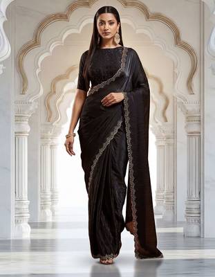 Black embellished sequinned satin heavy work saree with blouse  3