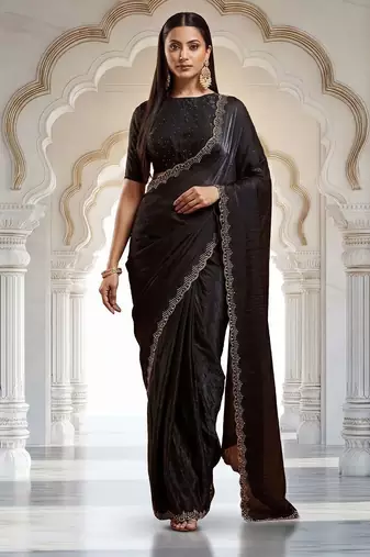 Black embellished sequinned satin heavy work saree with blouse 