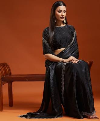 Black embellished sequinned satin heavy work saree with blouse  4