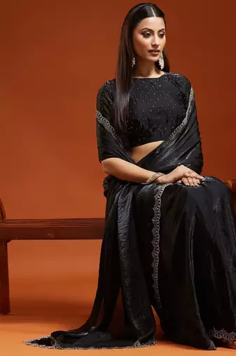 Black embellished sequinned satin heavy work saree with blouse 