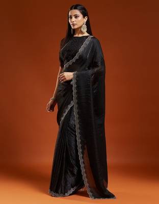 Black embellished sequinned satin heavy work saree with blouse  5