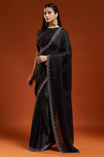 Black embellished sequinned satin heavy work saree with blouse 