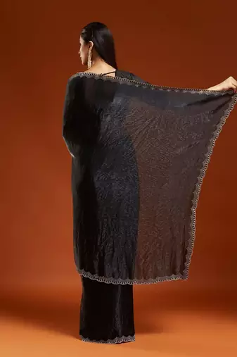 Black embellished sequinned satin heavy work saree with blouse 