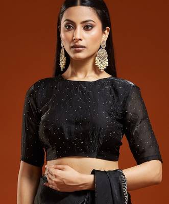 Black embellished sequinned satin heavy work saree with blouse  7