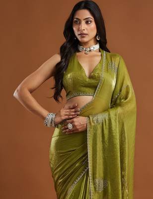 women olive green embellished silk blend sarees with blouse  1
