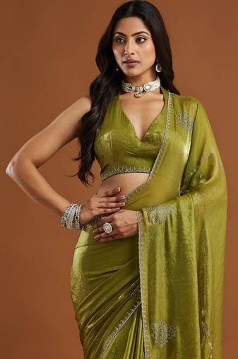 women olive green embellished silk blend sarees with blouse 