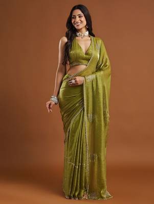 women olive green embellished silk blend sarees with blouse  2