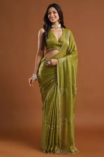 women olive green embellished silk blend sarees with blouse 
