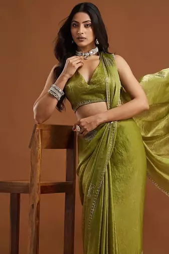 women olive green embellished silk blend sarees with blouse 