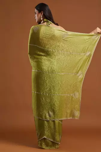 women olive green embellished silk blend sarees with blouse 