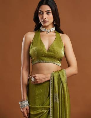 women olive green embellished silk blend sarees with blouse  6