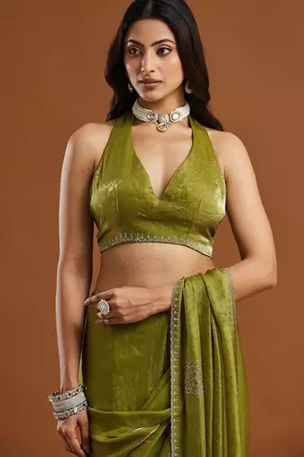 women olive green embellished silk blend sarees with blouse 