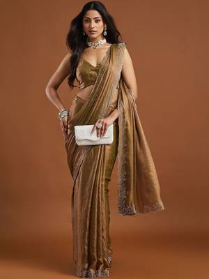 women olive green embellished silk blend sarees with blouse  2