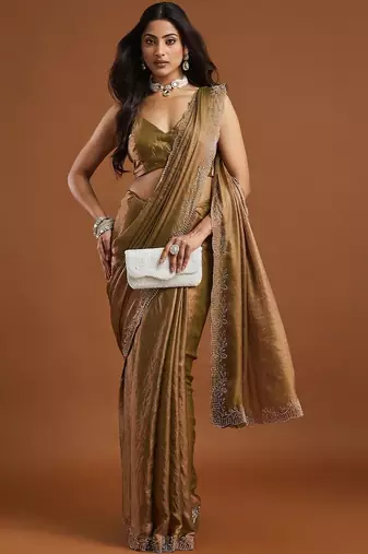 women olive green embellished silk blend sarees with blouse 