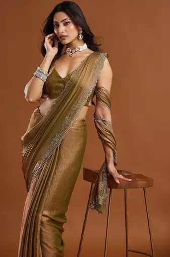 women olive green embellished silk blend sarees with blouse 