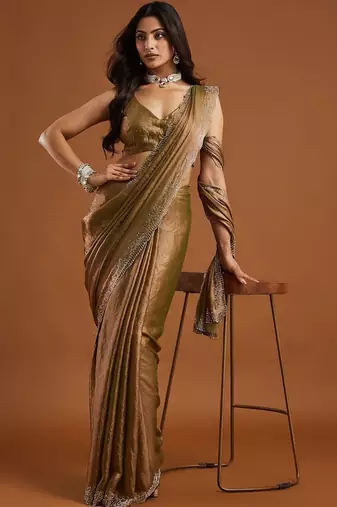 women olive green embellished silk blend sarees with blouse 