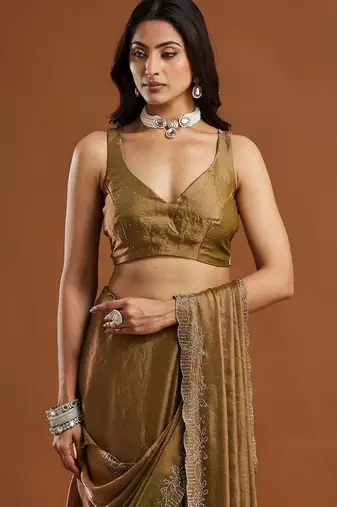 women olive green embellished silk blend sarees with blouse 