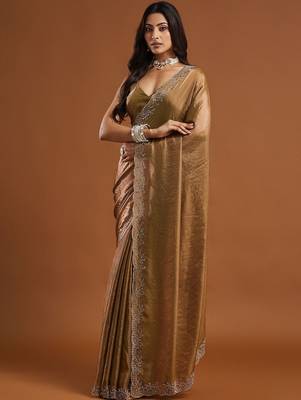 women olive green embellished silk blend sarees with blouse  7