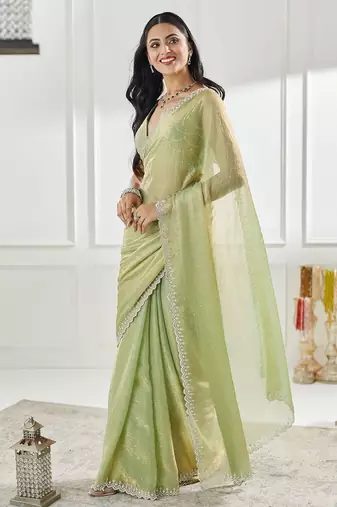 Olive embellished beads and stones saree with blouse 