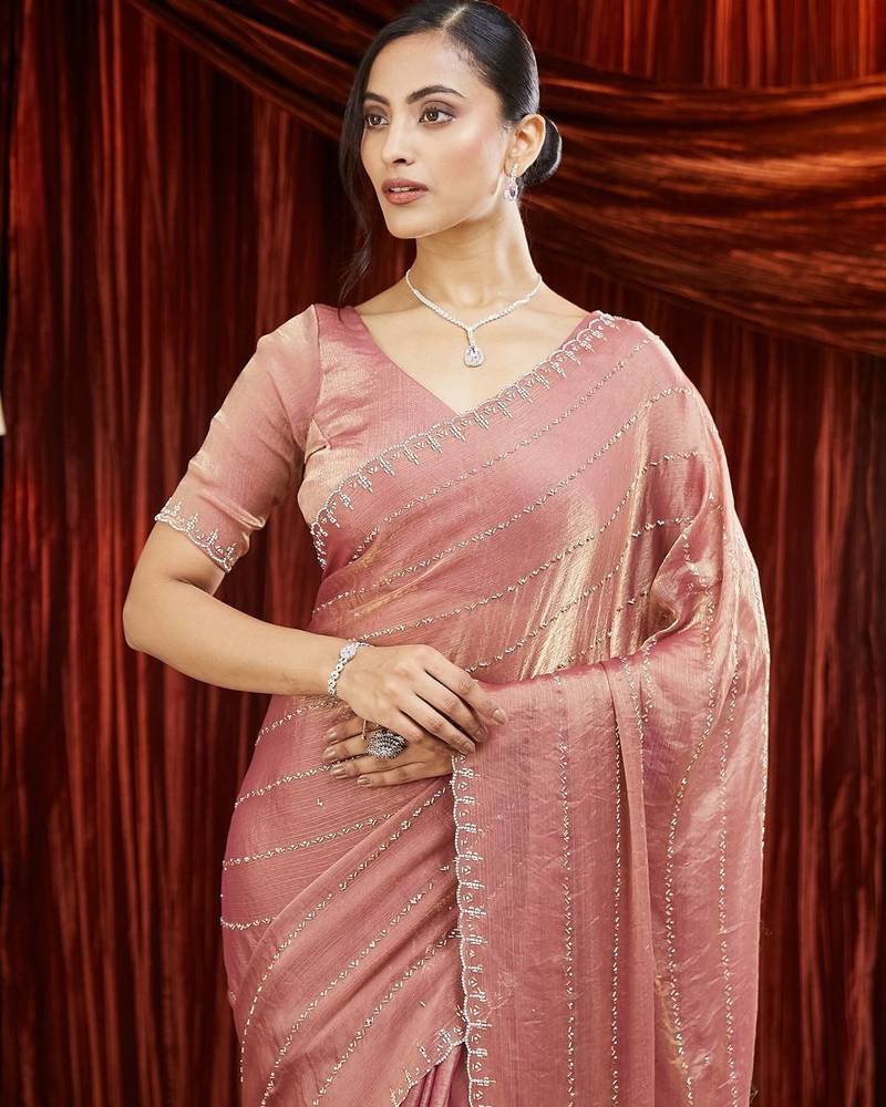 peach embellished saree with blouse 