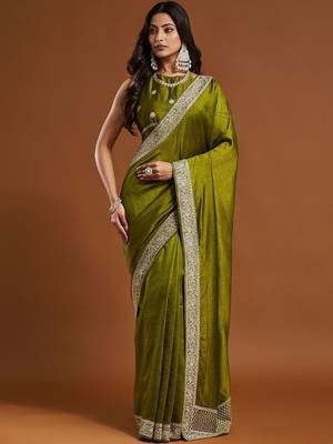 women's olive green embroidered silk blend sarees with blouse  2