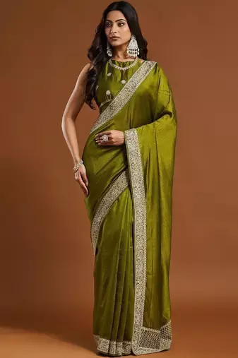 women's olive green embroidered silk blend sarees with blouse 