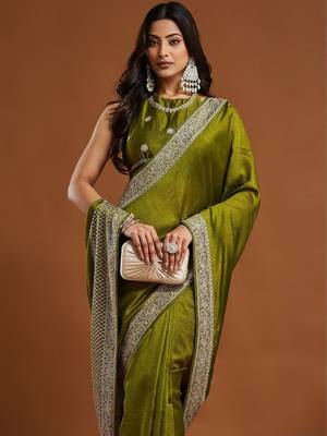 women's olive green embroidered silk blend sarees with blouse  3