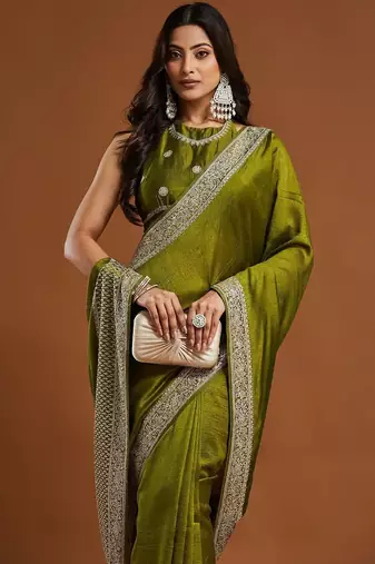 women's olive green embroidered silk blend sarees with blouse 