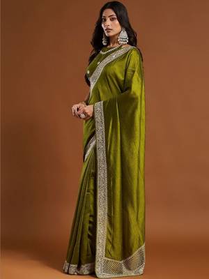 women's olive green embroidered silk blend sarees with blouse  4