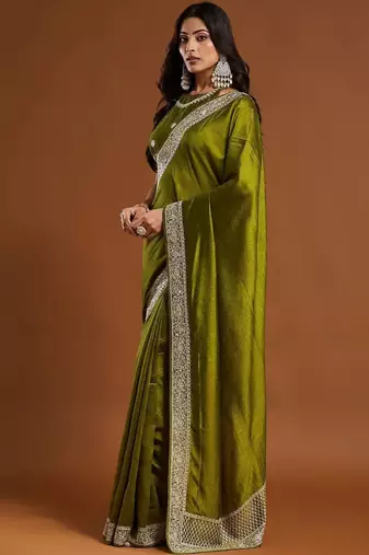 women's olive green embroidered silk blend sarees with blouse 