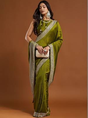 women's olive green embroidered silk blend sarees with blouse  5