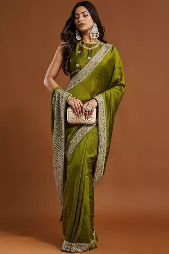 women's olive green embroidered silk blend sarees with blouse 