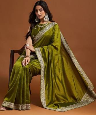 women's olive green embroidered silk blend sarees with blouse  6