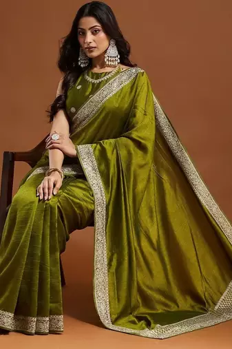 women's olive green embroidered silk blend sarees with blouse 