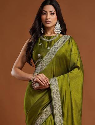 women's olive green embroidered silk blend sarees with blouse  1