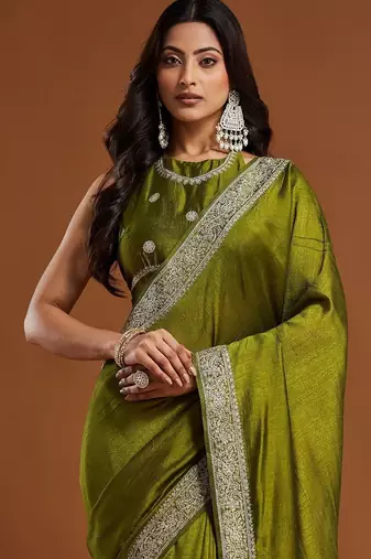 women's olive green embroidered silk blend sarees with blouse 
