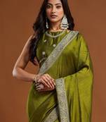 women's olive green embroidered silk blend sarees with blouse 