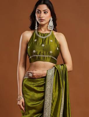 women's olive green embroidered silk blend sarees with blouse  7