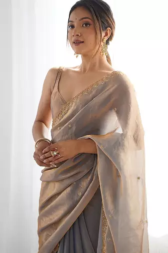 women embellished sequinned tissue designer saree with blouse 