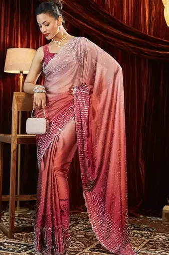 Ombre Beads and Stones Silk Blend Saree with blouse