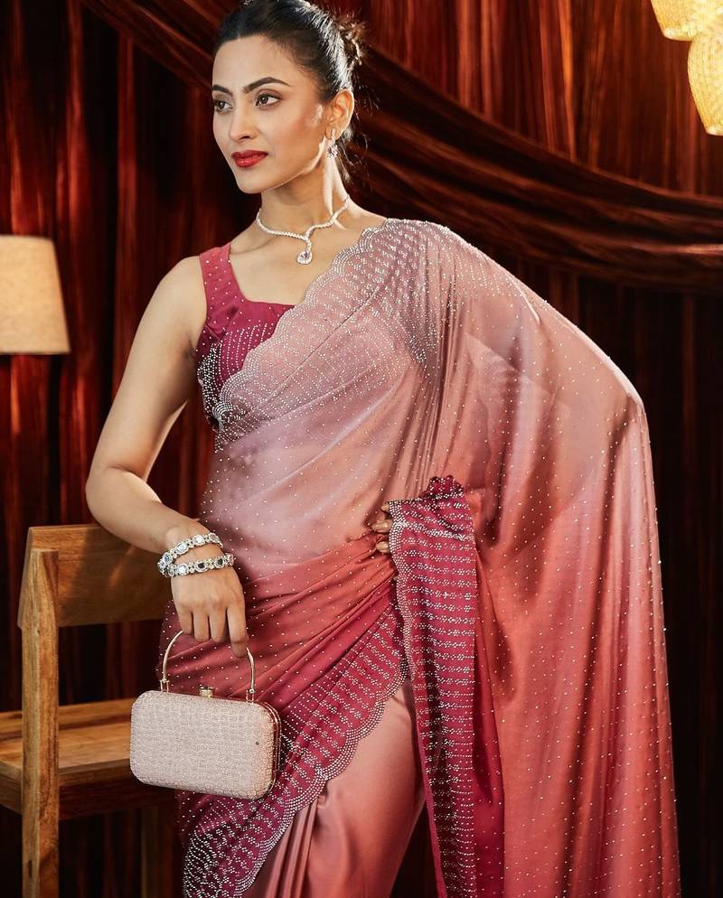 Ombre Beads and Stones Silk Blend Saree with blouse