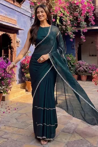 embellished sequinned satin heavy work saree with blouse with blouse 