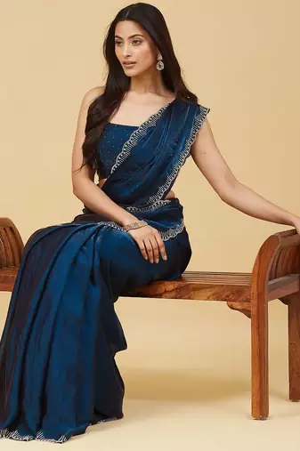 embellished sequinned satin heavy work saree with blouse with blouse 