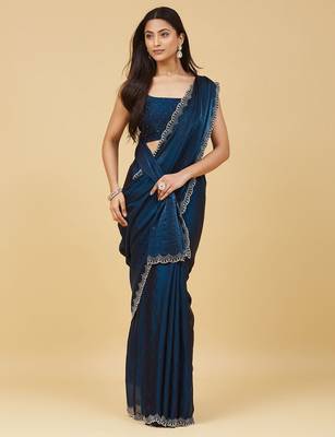 embellished sequinned satin heavy work saree with blouse with blouse  4