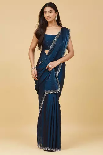 embellished sequinned satin heavy work saree with blouse with blouse 