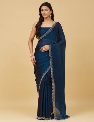 embellished sequinned satin heavy work saree with blouse with blouse  5