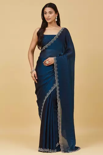 embellished sequinned satin heavy work saree with blouse with blouse 