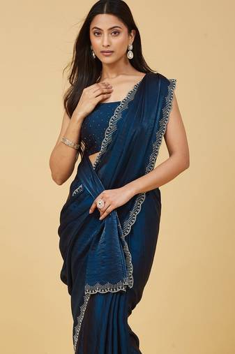 embellished sequinned satin heavy work saree with blouse with blouse 